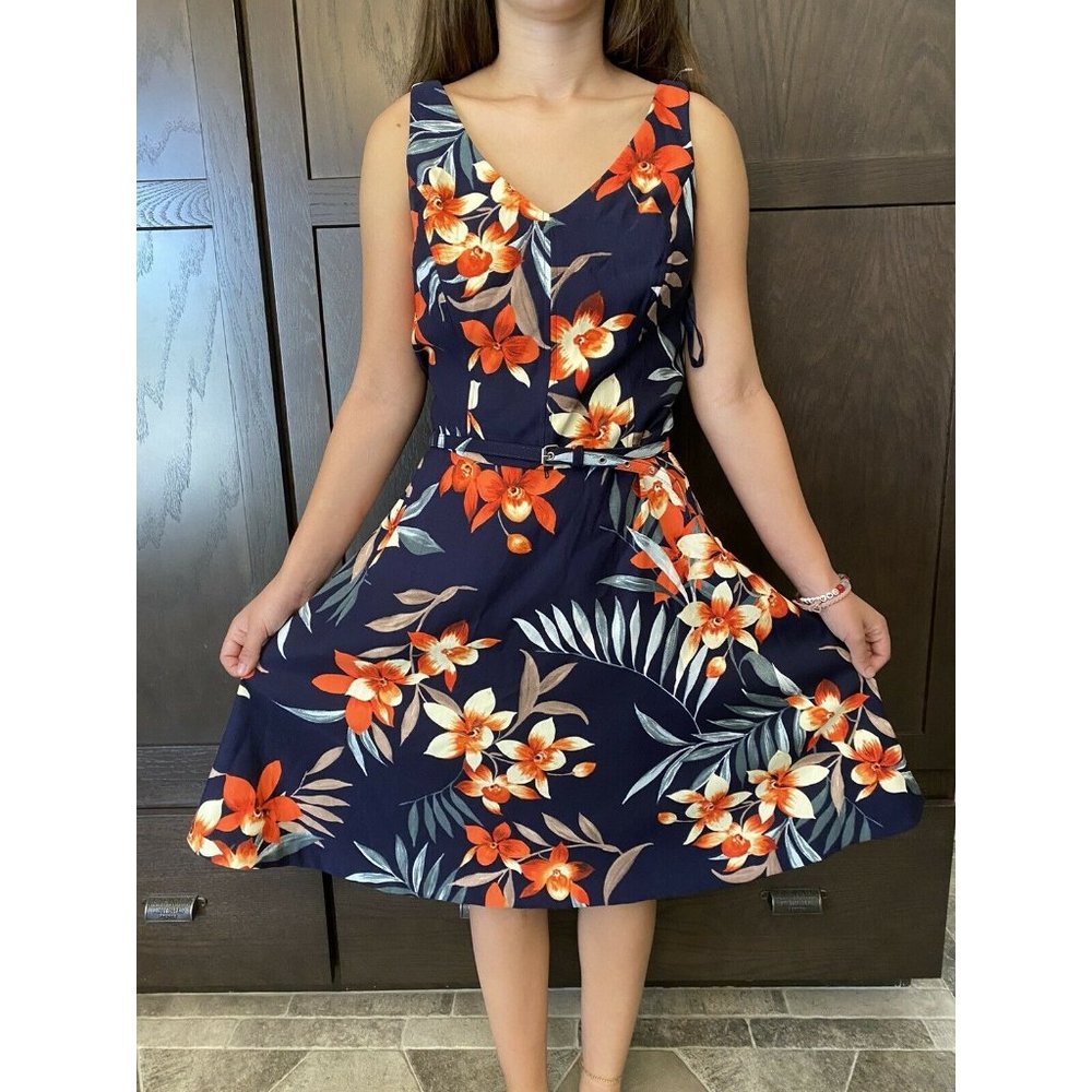 Cb Hawaiian Print Dress Navy Blue W/orange Flowers Size 4
